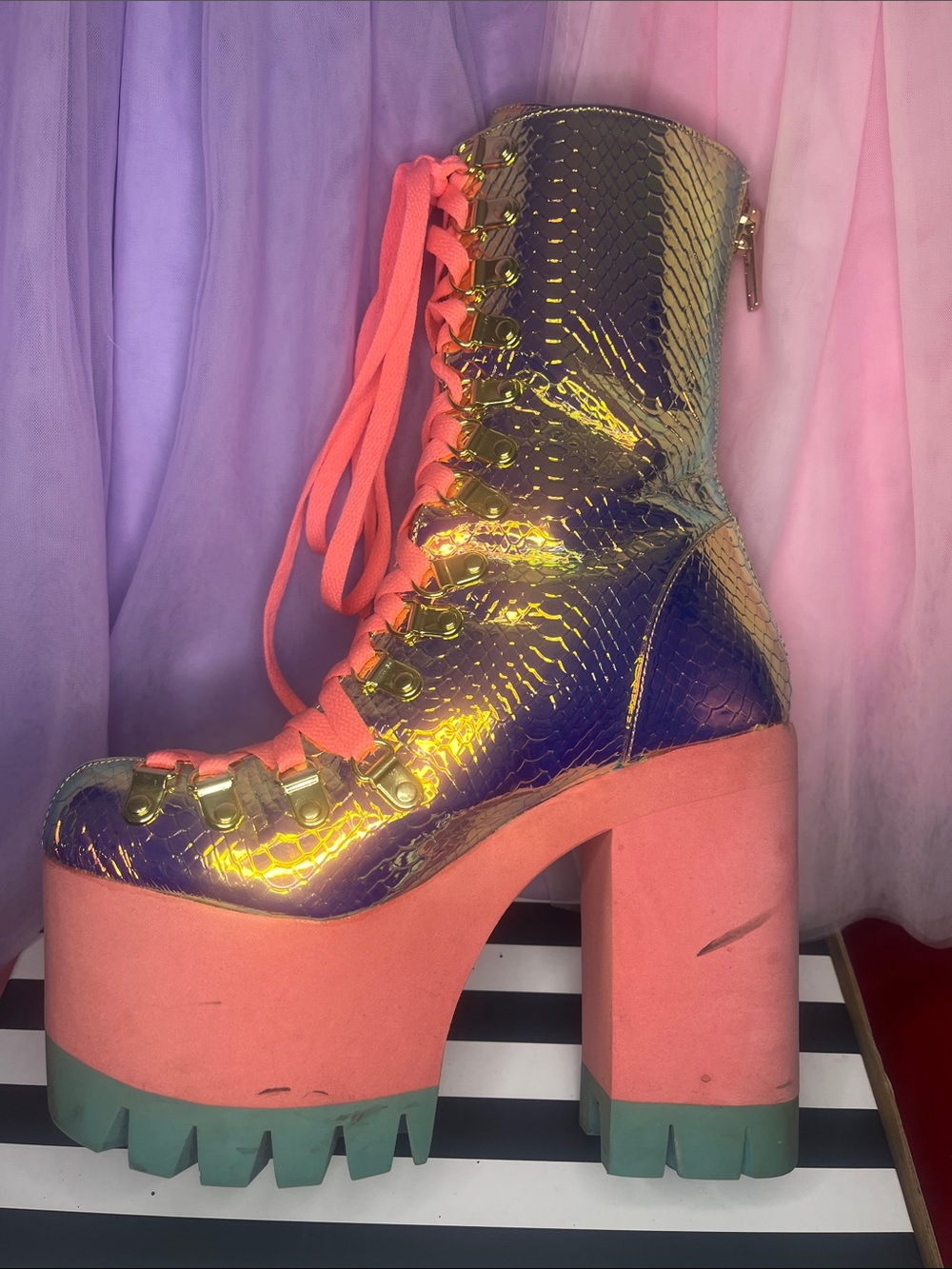 Iridescent Purple Platform Lace-Up Boots with Coral Laces - Picture 7 of 12